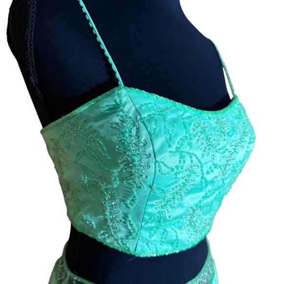 Precious Formals Mint Green Beaded 2 Piece Dress Lace Up Back Size 4 Y2K whimsi - Picture 9 of 16